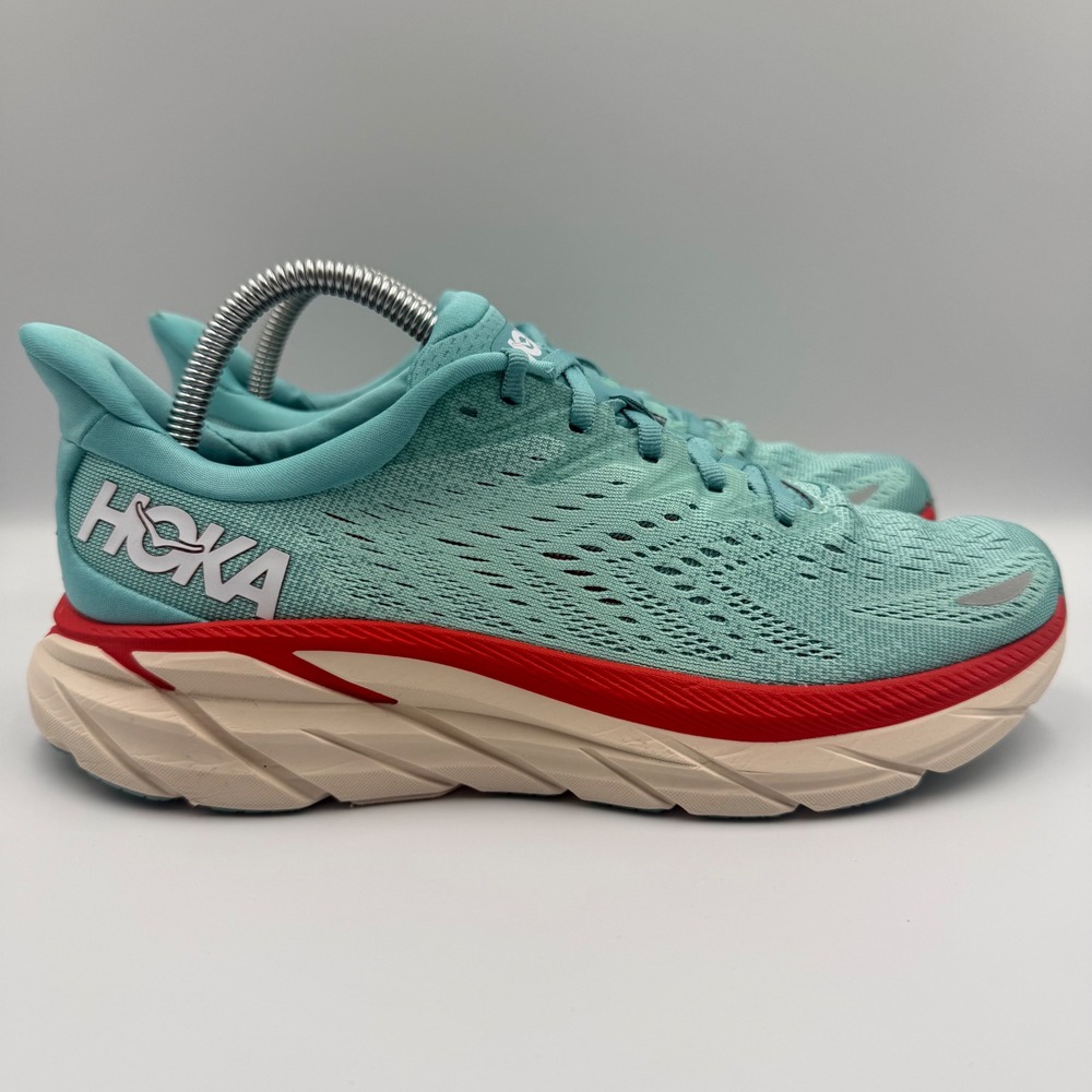 Hoka One One Clifton 8 Women Size 8.5 Running Shoes 1119394 AEBL Teal Red Cream